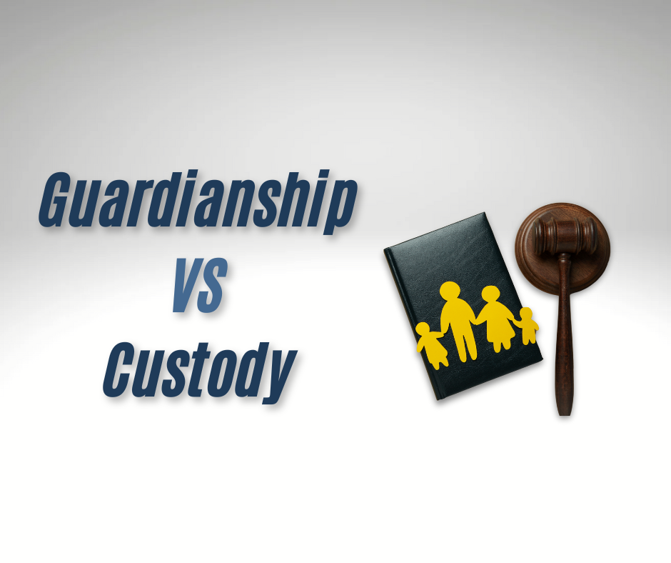 Guardianship vs. Custody graphic with a legal book, family icon, and judge’s gavel.