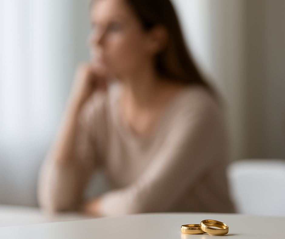 Two gold wedding rings on a table with a blurred woman in the background looking sideways in thought